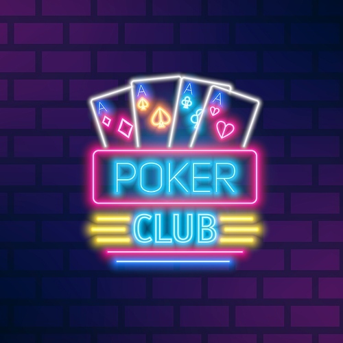 Poker neon sign design vector flat illustration. Casino glowing light signboard isolated on brick wall background. Symbol of gambling with game cards. Trendy logo with design elements.