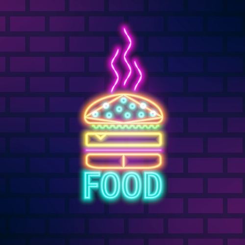 Glowing neon light signboard of fast food restaurant or cafe vector flat illustration. Sign of fresh tasty burger with colorful neon lights isolated on brick wall. Trendy decorative design.