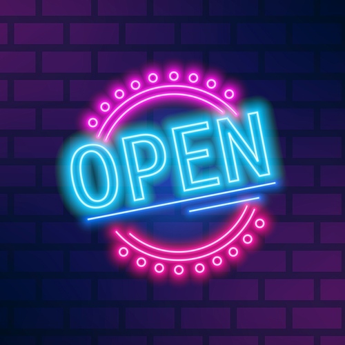 Colorful neon signboard open vector flat illustration. Bright glowing inscription in circle with design elements isolated on brick wall background. Illuminated decorative symbol.