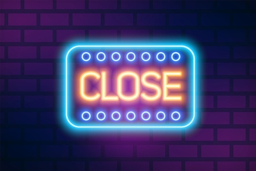 Bright neon signboard with close inscription vector flat illustration. Colorful nameplate text of closed store, cafe or restaurant with decorative design elements isolated on brick wall background.