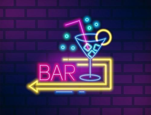 Colorful neon bar signboard with martini glass and arrow vector flat illustration. Bright glowing party symbol with inscription isolated on brick wall background. Nightlife sign with design elements.