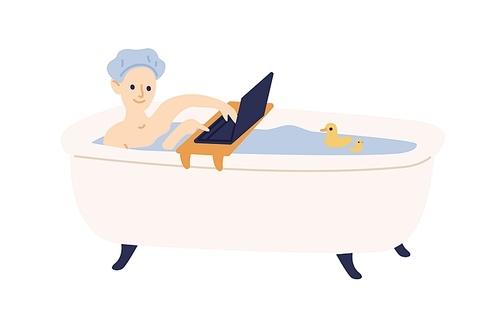 Smiling woman surfing internet during taking bath vector flat illustration. Happy female relaxing at bathroom spending time online isolated on white. Cute girl chatting or watching use laptop.