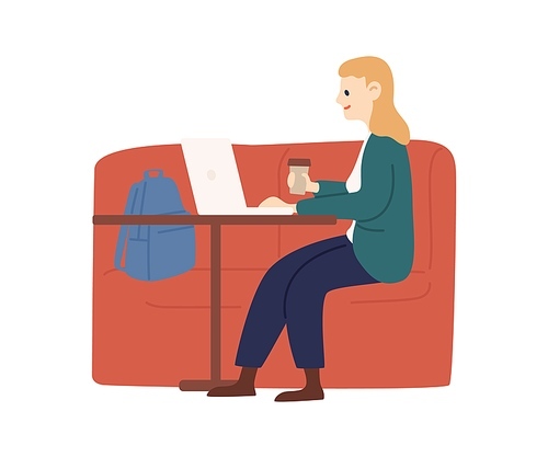Woman chatting on laptop sitting at cafe table vector flat illustration. Happy freelancer female working remotely use computer isolated on white. Modern girl surfing internet hold paper coffee cup.
