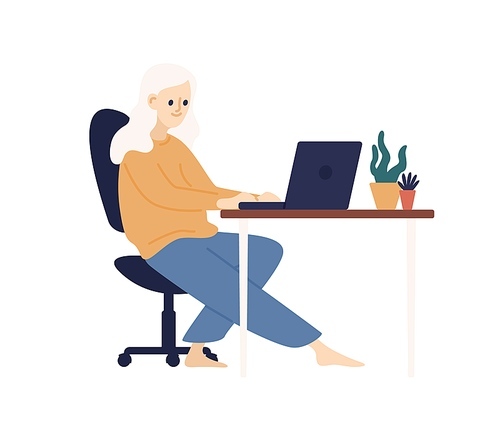 Relaxed barefoot woman use laptop sitting on armchair at table vector flat illustration. Smiling domestic girl working remotely isolated on white. Happy female surfing internet spending time at home.