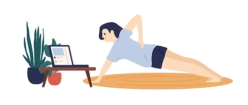 Active woman training at home watching tutorial video on laptop vector flat illustration. Happy female exercising on carpet during spending time online isolated on white. Girl enjoying sports.