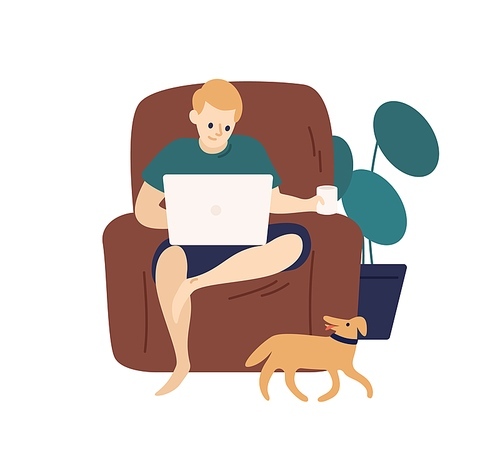 Relaxed man surfing internet use laptop sit on armchair vector flat illustration. Freelancer male working remotely at home isolated on white. Domestic modern guy resting holding computer and cup.