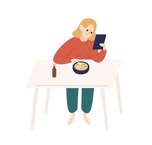 Happy woman surfing internet watching at tablet during eating food vector flat illustration. Colorful domestic female sitting at table with plate of soup use modern device isolated on white.