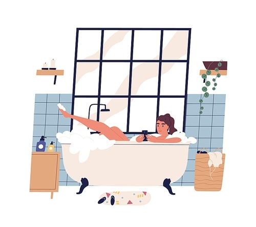 Relaxed woman taking bath surfing internet on smartphone vector flat illustration. Female lying in foam bubbles holding mobile phone isolated on white. Addicted girl chatting at bathroom interior.