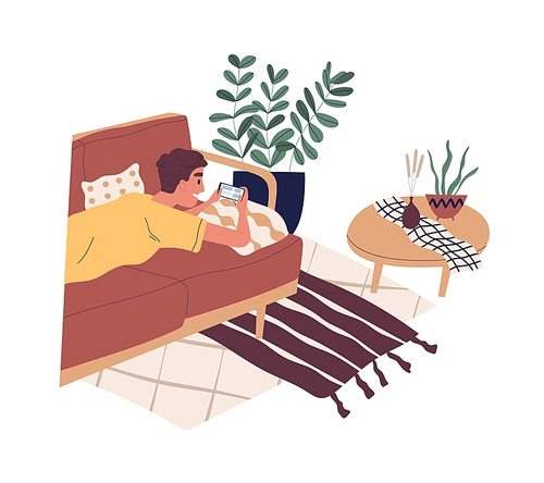 Happy boy lying on sofa and surfing internet. Young man chatting in social network or messenger. Teenager spending time at home, playing game on smartphone. Vector illustration in flat cartoon style.