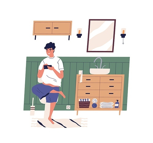 Smiling guy sitting on toilet surfing internet vector flat illustration. Funny male playing game, chatting, scrolling social networks or watching video on smartphone at bathroom isolated.