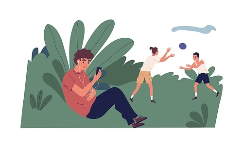 Smiling teenager in headphones holding smartphone making video call at park vector flat illustration. Modern guy sitting in bushes chatting online conversation during male play ball isolated.