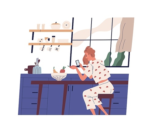Young woman sitting in the kitchen and surfing internet. Girl in pajama chatting on smartphone. Stay home. Freelancer lifestyle concept. Vector illustration in flat cartoon style.