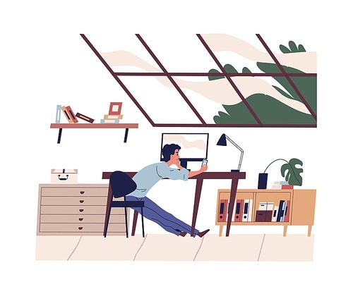 Smiling young man has a work break. Freelancer sitting at desk with smartphone and surfing internet, chatting in social network. Home office. Vector illustration in flat cartoon style.
