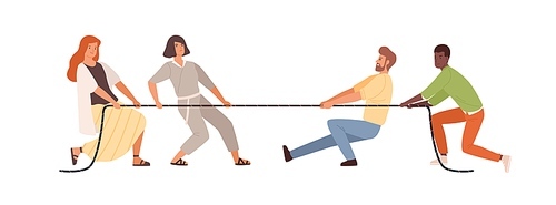 Tug of war men vs women vector flat illustration. Colorful diverse people pulling opposite ends of rope isolated on white . Business competition, gender equality and equal rights.