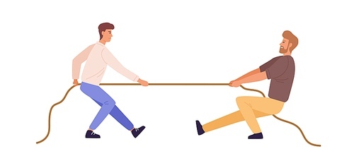 tug of war man vs guy vector flat illustration. battle or competition between male to leadership isolated on white . rivals person pulling opposite ends of rope.