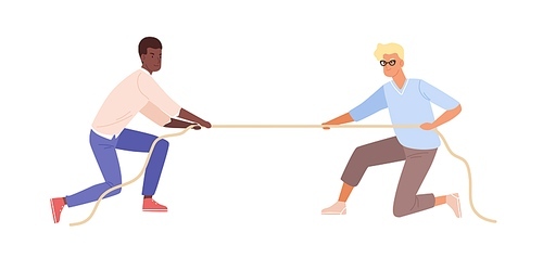 Battle between black skin man and european guy vector flat illustration. Two male fight for rights pulling opposite ends of rope isolated on white . Modern people resistance to leadership.