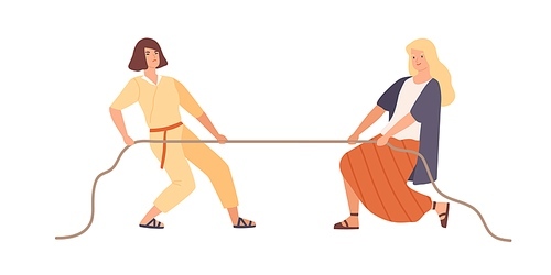 Smiling woman and angry female pulling opposite ends of rope vector flat illustration. Two rival girl during tug of war contest isolated on white . Cartoon person have leadership struggle.