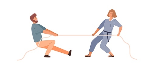 Man and woman competitors tug of war contest vector flat illustration. Colorful male and female rivals pulling opposite ends of rope isolated on white. Battle between wife and husband to leadership.