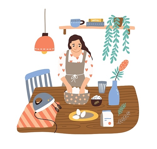 Smiling housewife cooking at cozy kitchen vector flat illustration. Happy domestic woman in apron mixing ingredients preparing dough isolated on white . Joyful female preparation food.