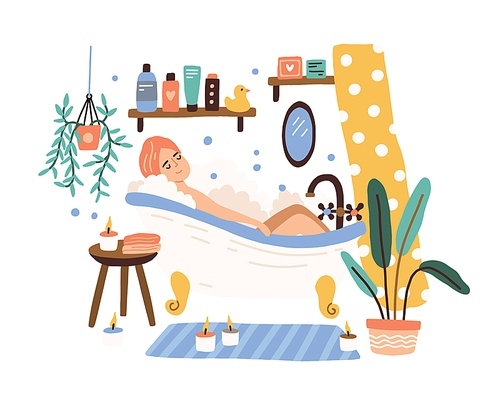 Relaxed woman lying at cozy bathroom with foam bubbles vector flat illustration. Joyful female taking bath surrounded by candles isolated on white. Girl enjoying time for yourself.