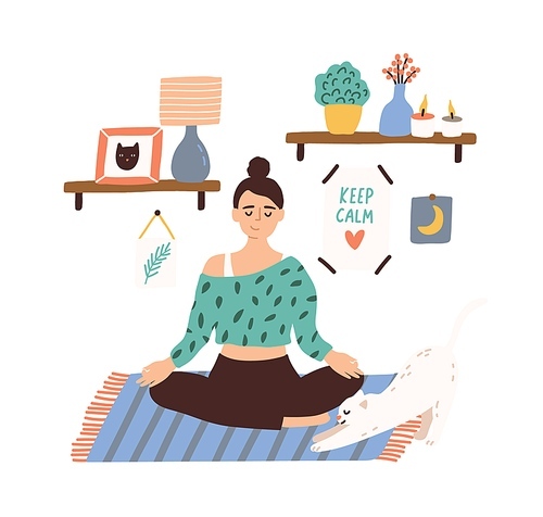 Meditating woman sitting in lotus pose with closed eyes vector flat illustration. Female with crossed legs practicing yoga at home isolated on white. Smiling girl enjoying time for yourself.