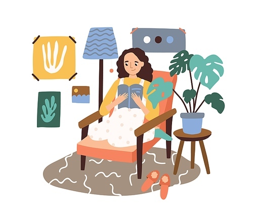 Happy woman reading book sitting in comfy armchair vector flat illustration. Smiling domestic female relaxing at home isolated on white . Joyful girl enjoying time for yourself.