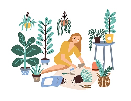 Female cultivating home garden vector flat illustration. Woman enjoy gardening taking care of houseplants growing in pots isolated on white. Girl replanting and watering plant sitting on floor.