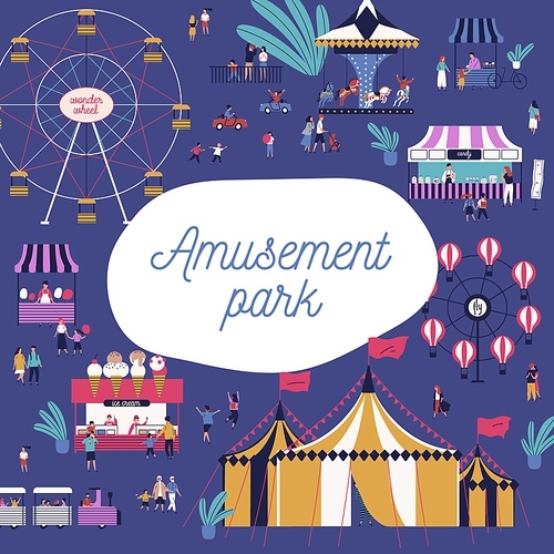 Cartoon tiny people spending time at amusement park isolated background. Happy families and children enjoying outdoors entertainment circus, carousel vector flat illustration with place for text.