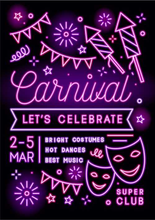 Colorful carnival party promo poster vector flat illustration. Bright flyer or invitation template with glowing neon lines on black background. Announcement with fireworks, masks and place for text.
