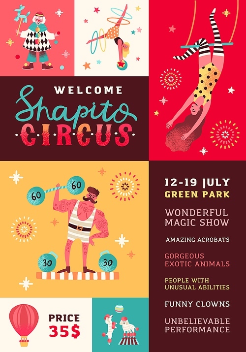 Shapito circus performance promo poster vector flat illustration. Funny clown, strongman, acrobats, trained animals, trapeze artist, and hooper performing show. Announcement with place for text.