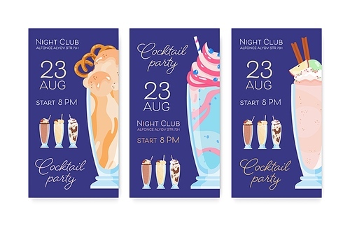 Set of colorful promo poster of cocktail party vector flat illustration. Collection of flyer advertising to event with refreshing beverage. Hand drawn placard with drink in glass and place for text.