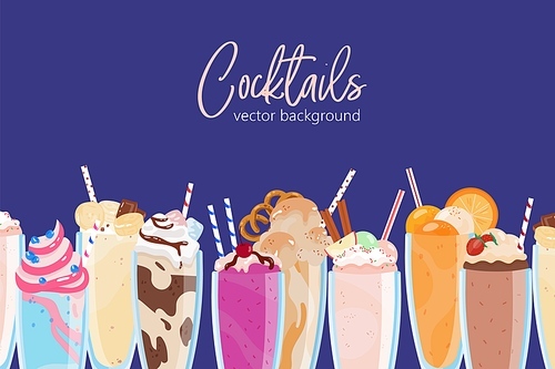 Composition of delicious milkshakes in glasses vector flat illustration background. Many refreshing tropical beverages in jars isolated. Dessert drinks decorated with fruits, berries, whipped cream.