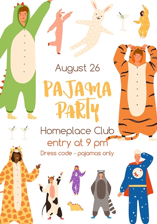 Announcement of pajama party poster vector flat illustration. Colorful man and woman in funny onesies representing various animals and characters. Promo of theme holiday with place for text.