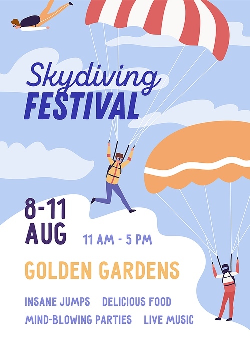 Skydiving festival colorful poster with place for text vector flat illustration. Announcement of extreme sport parachuting holiday. Active parachutist person performing insane jumps.