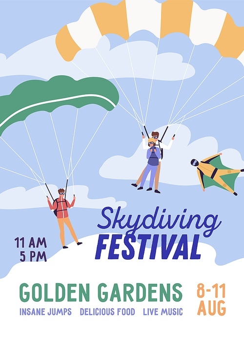 Promo skydiving festival poster vector flat illustration. Colorful parachutists and skydivers performing pair parachuting and wingsuit flying. Announcement extreme sport holiday with place for text.