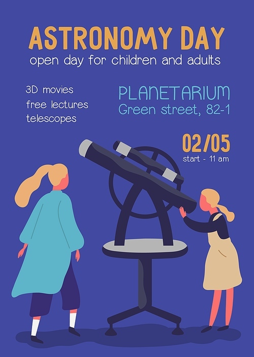 Astronomy day colorful promo poster with place for text. Cartoon girl looking into telescope with mother vector flat illustration. Announcement of planetarium exhibition entertainment isolated.