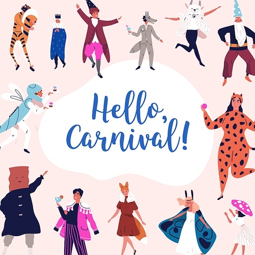 Festive people in mask and carnival apparel celebrating holiday vector flat illustration. Happy man and woman having fun at theme party isolated. Smiling person at masquerade in animals costume.
