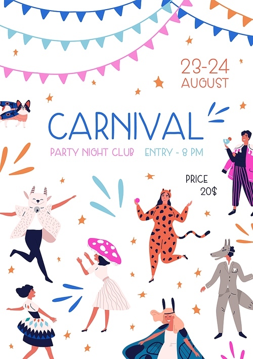 Carnival party at night club promo poster with decorative design elements vector flat illustration. Announcement of masquerade event with place for text isolated. Funny people in mask and costume.