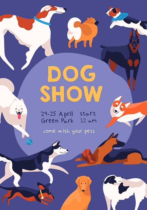 Dog show poster on purple background. Various cartoon dogs breeds posing at placard template vector flat illustration. Promo of domestic animal event with place for text.