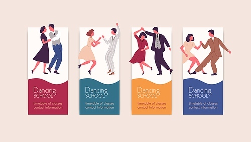 Set of different colorful posters dancing school vector flat illustration. Collection of various promo of choreography studio with place for text. Trendy announcement with dancing man and woman.