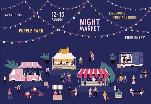 Banner of night market with place for text on garland vector flat illustration. Promo of nighttime fair with men and women walking between stalls. People buying goods, relax and eating street food.