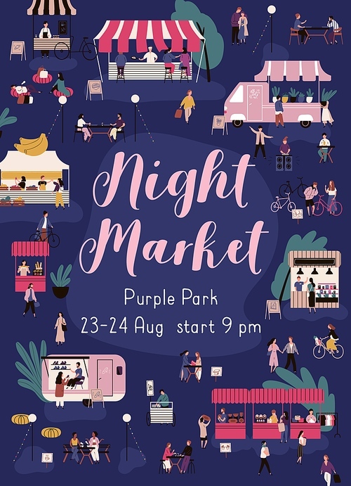 Colorful vertical poster for night market with a place for text. Many people walking and buying goods at nighttime fair. Urban street marketplace. Vector illustration in flat cartoon style.