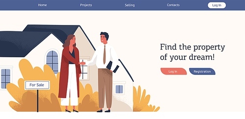Real estate agency web banner template colorful vector flat illustration. Woman customer and man agent shaking hands conclude successful deal. Modern advertisement of property selling.