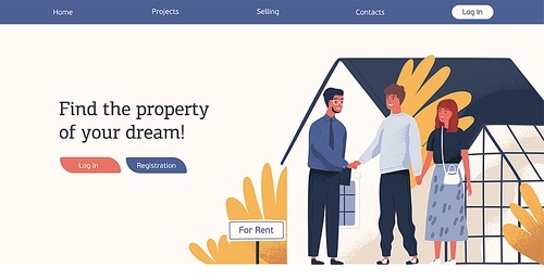 Web advertising template real estate agency vector flat illustration. Happy couple and smiling agent shaking hands celebrate renting house. Promo with place for text of sell or rent property service.