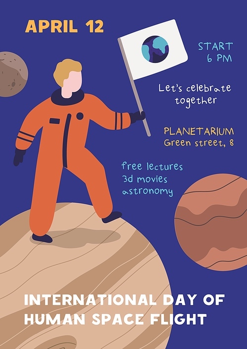 International day of human space flight promo poster vector flat illustration. Announcement placard of 12 april holiday. Male astronaut hold flag celebrating victory. Cartoon cosmonaut at galaxy.