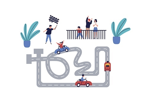 Active children race at karting competition vector flat illustration. Happy girl and boy riding on car enjoying amusement together isolated on white. Joyful family having leisure entertainment.