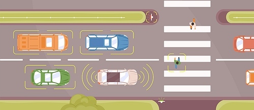 Autonomous smart car scans road top view vector flat illustration. Automatically operates automobiles stop in front of crosswalk. Self driving modern transportation with safety sensor intelligent.