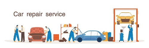 Professional mechanic in overalls working at car repair service vector flat illustration. Colorful man and woman at process diagnostic, lift, change of machine oil isolated on white .