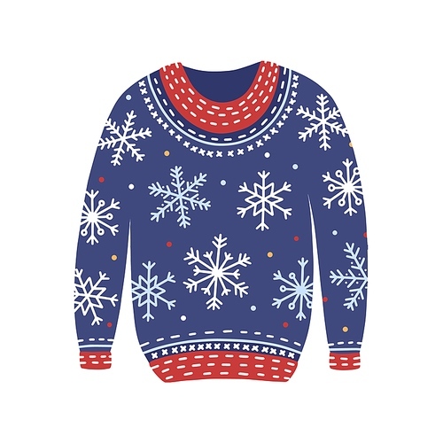 Blue christmas cosiness ugly sweater with snowflakes vector flat illustration. Woolen cozy winter clothes isolated on white . Knitted apparel with decorative snow in cartoon style.