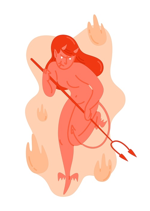 Cartoon female red devil holding pitchfork vector flat illustration. Angry demon woman creature with horns surrounded by flame isolated on white. Colored character from hell.